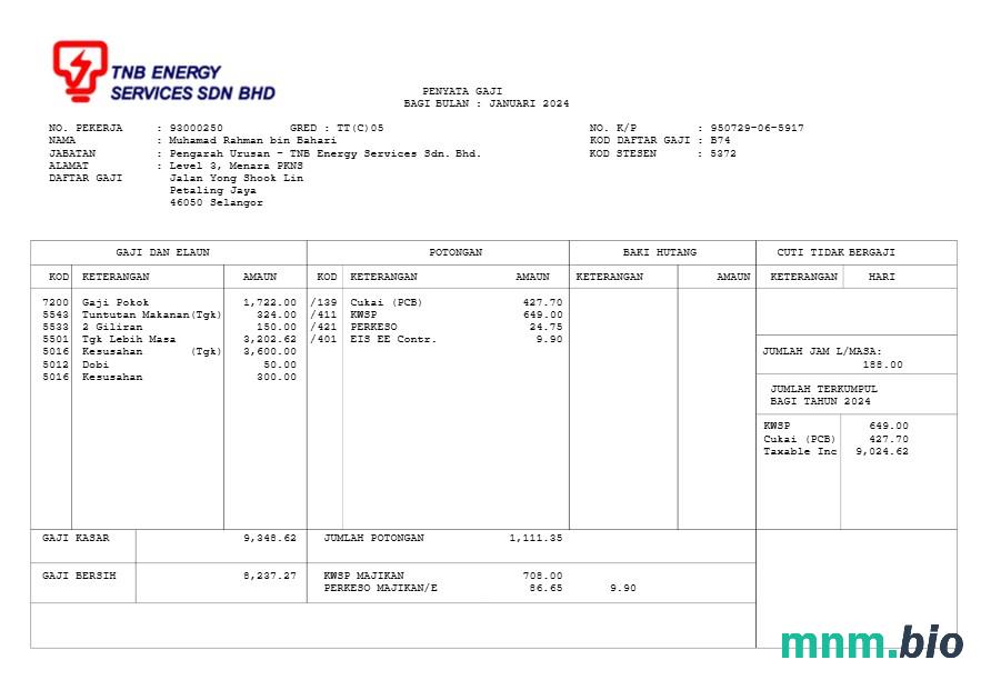 Szablon odcinka wypłaty TNB Energy Services w formatach Word i PDF